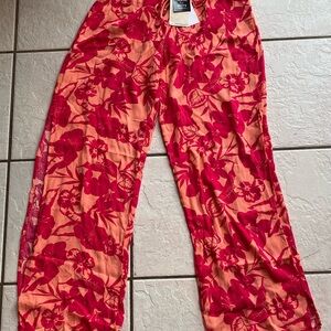 Miken Swim Cover Up Pants Pink Floral Print Side Slits Size Medium